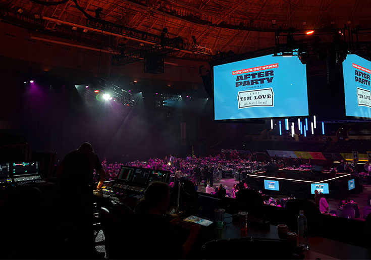 Image from Visit Fort Worth of the center stage and workers controlling light and audio from contol center