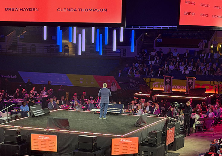 Image from Visit Fort Worth of the center stage and a close-up of the speaker on stage