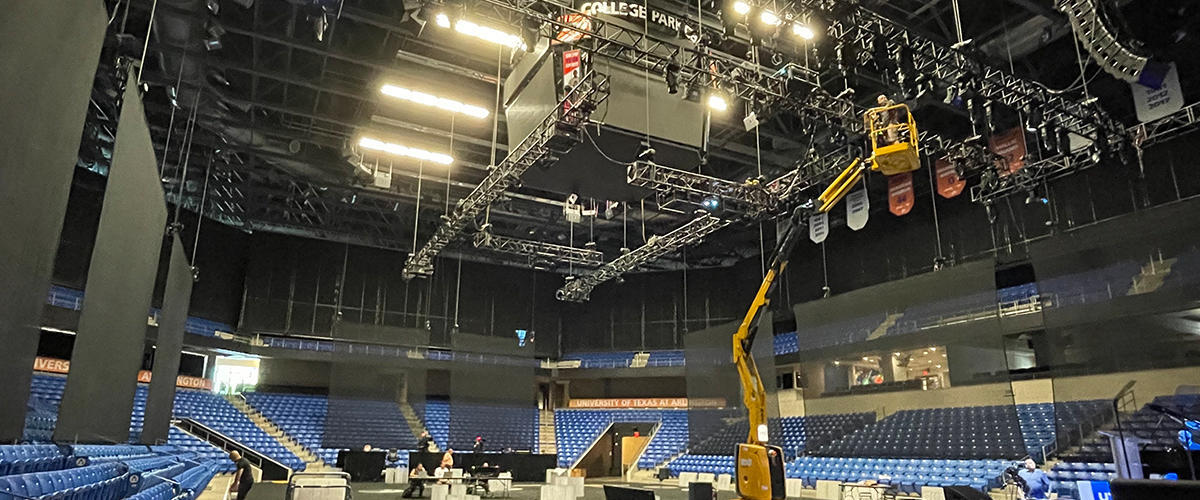 hanging audio equipment from rafters 